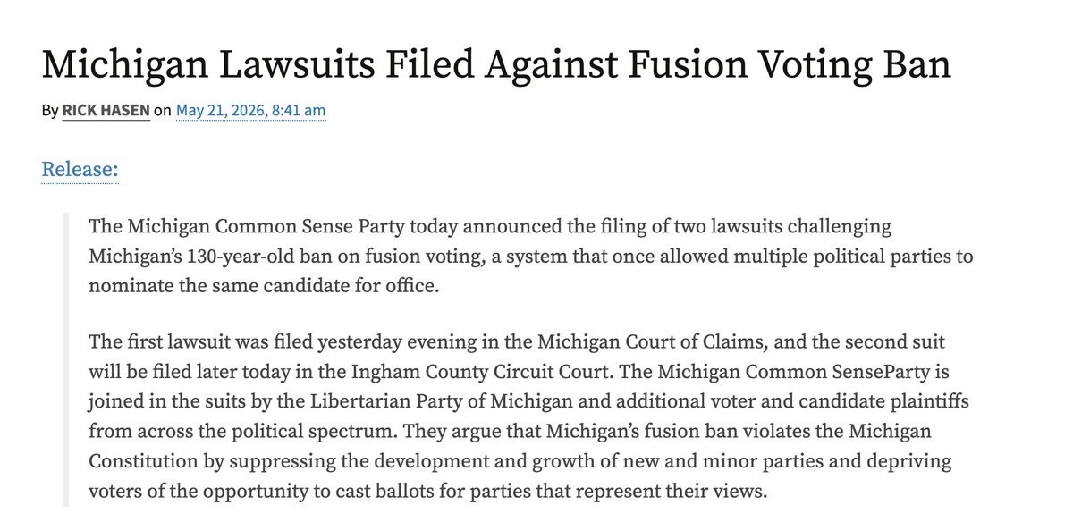 fusionvoting's tweet photo. Fusion voting gives voters more meaningful choices, strengthens coalition-building, and breaks the rigid two-party binary without acting as a spoiler system. More choice. More competition. More democracy. @rickhasen @electionlawblog @jefftimmer @markbrewer @lpmi https://t.co/4ui5BijxsS