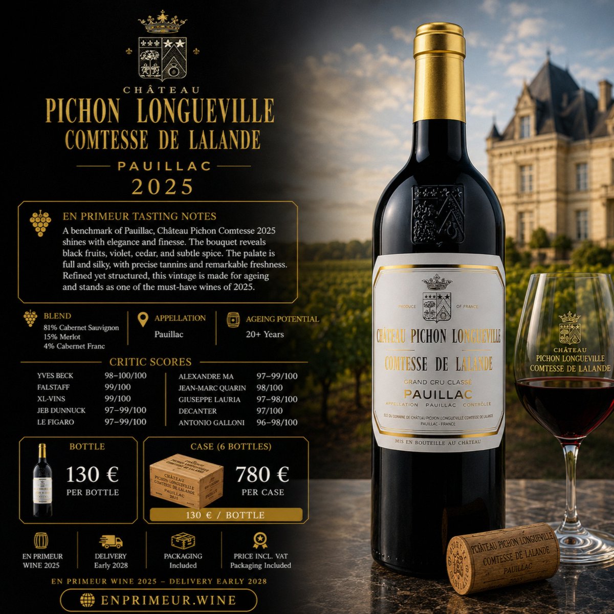 enp_wine's tweet photo. Château Pichon Comtesse 2025 is one of Pauillac's standout releases.

Black fruits, violet, cedar, and spice wrapped around silky tannins and remarkable freshness. Elegant, refined, and built to age.

Around €130 per bottle.

#EnPrimeur2025 #FineWine #WineCollector  #enprimeur https://t.co/xA5B3DHV6k