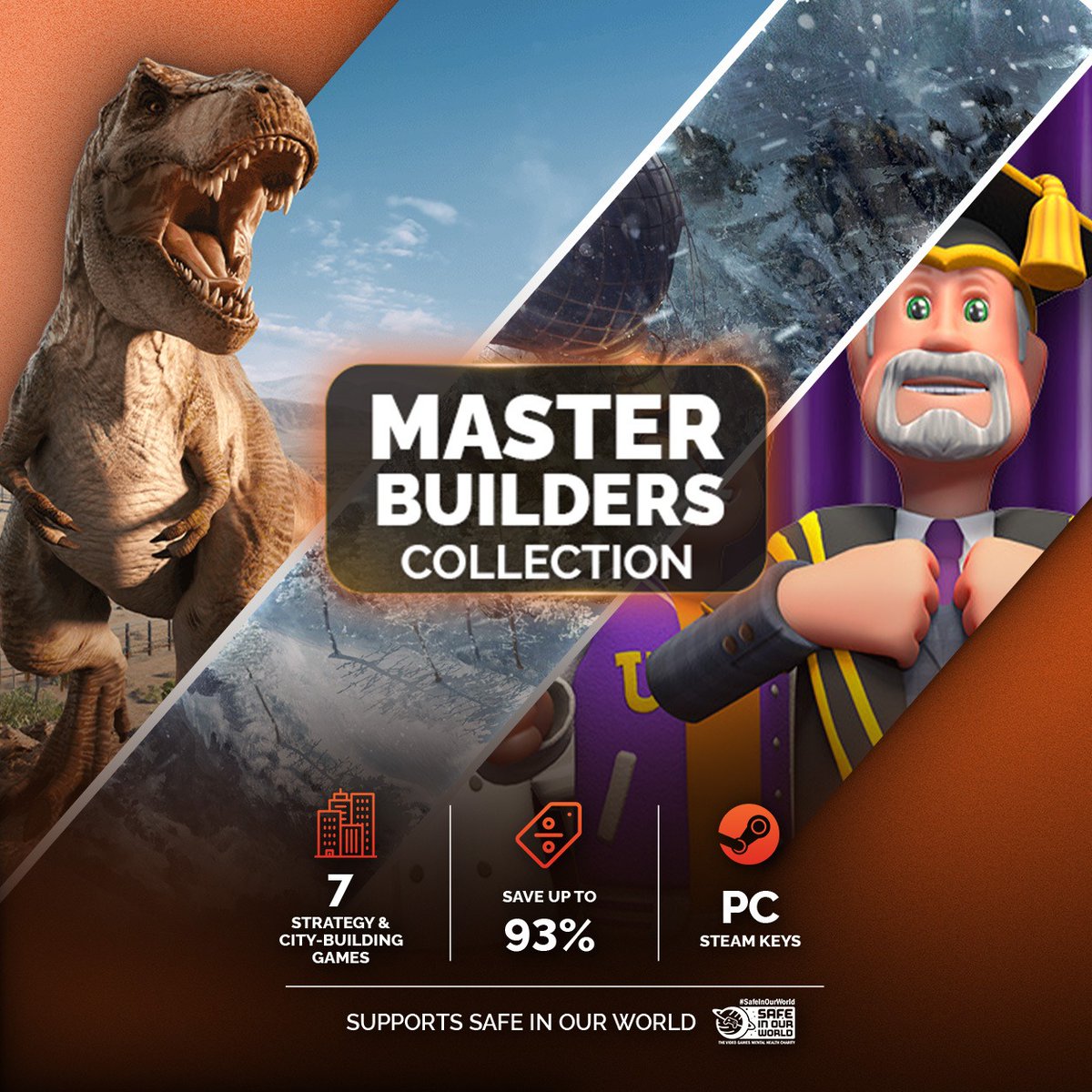 GreenManGaming's tweet photo. Jurassic World Evolution 2, Frostpunk, Two Point Campus and more - all in one PC game bundle.