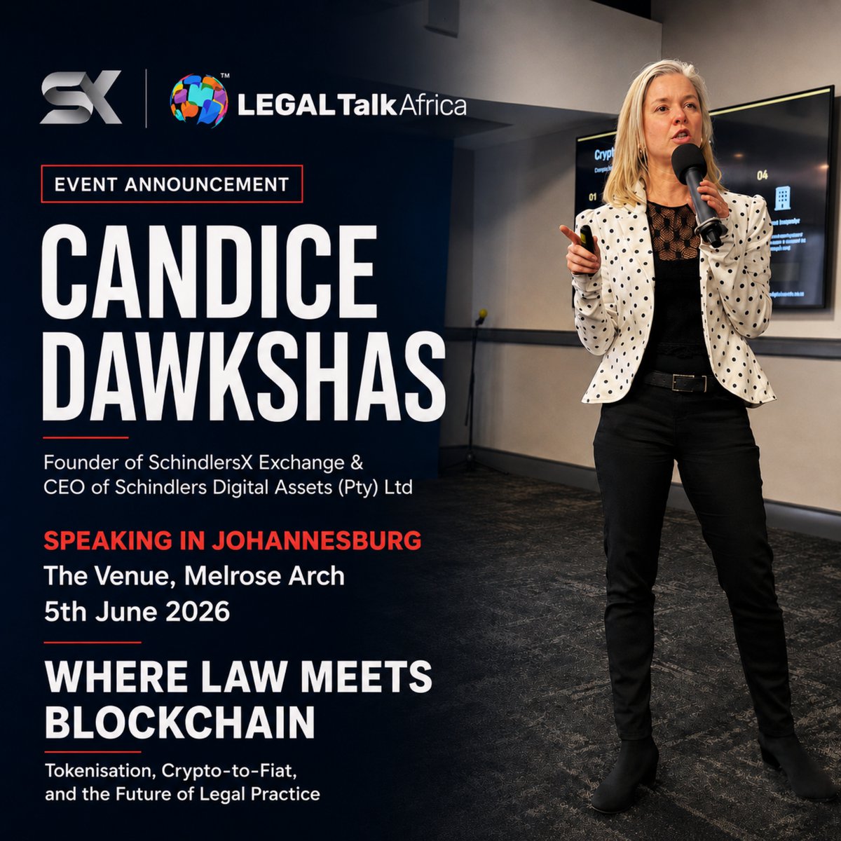 SchindlersX's tweet photo. Where law meets blockchain.

On 5th June 2026, @dawkshas21072  will speak in Johannesburg at The Venue, Melrose Arch on tokenisation, crypto to fiat, and the future of legal practice.

#SchindlersX #LegalTalkAfrica #Blockchain #Tokenisation #DigitalAssets https://t.co/1G3U6zWaah