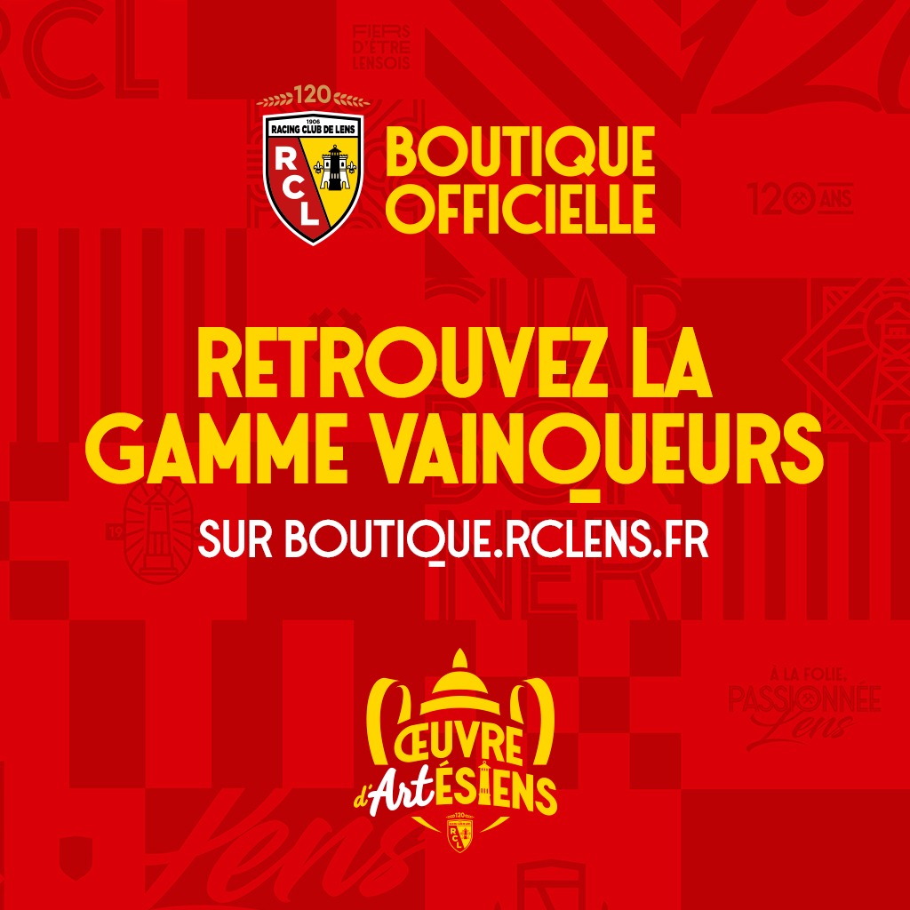 RCLens's tweet photo. Restez dans  ̶l̶e̶ ̶c̶o̶u̶p̶ la 𝑪𝒐𝒖𝒑𝒆 🏆

En complément du t-shirt #ŒuvreDARTésiens, retrouvez dès à présent l'écharpe 𝗩𝗔𝗜𝗡𝗤𝗨𝗘𝗨𝗥𝗦 sur la boutique en ligne du Racing. 👇
