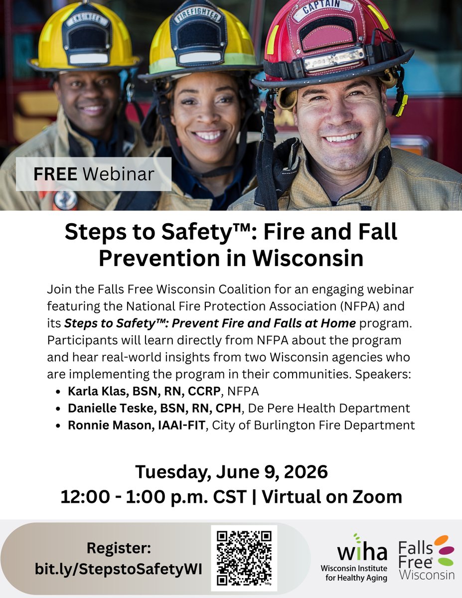 WSFIA's tweet photo. Falls Free Wisconsin is hosting the National Fire Protection Association (NFPA) Steps to Safety webinar on Tuesday, June 9th, from 12:00 pm to 1:00 pm.  Click the link below or scan the QR code to register.

https://t.co/vrnokyq4qv https://t.co/6tqHc1S84a