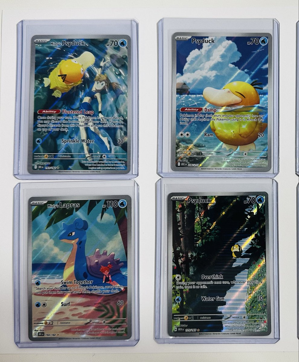 MaxSleepTCG's tweet photo. For Sale and Free Shipping!
Misty’s Lapras- $ 38
Misty's Psyduck - $ 78
Psyduck - 226/217 -  $105
Psyduck - 175/165 -  $72
Alakazam - $ 75
Poliwhirl - $ 55
Dragonair - $45
Caterpie - $ 18 

Thank you everyone for the support and repost!
@BUYSELLTRADETCG @CardboardBanger @TattooedBST