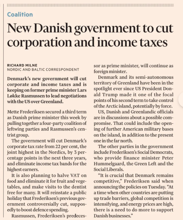 CutMyTaxUK's tweet photo. The new Danish government is cutting the corporation tax rate from 22% to 19% over three years, and eliminating income tax bands for the highest earners.

“It is crucial that Denmark remains competitive,” Prime Minister Frederiksen said.

It's sad that the British government does not have a similar attitude.