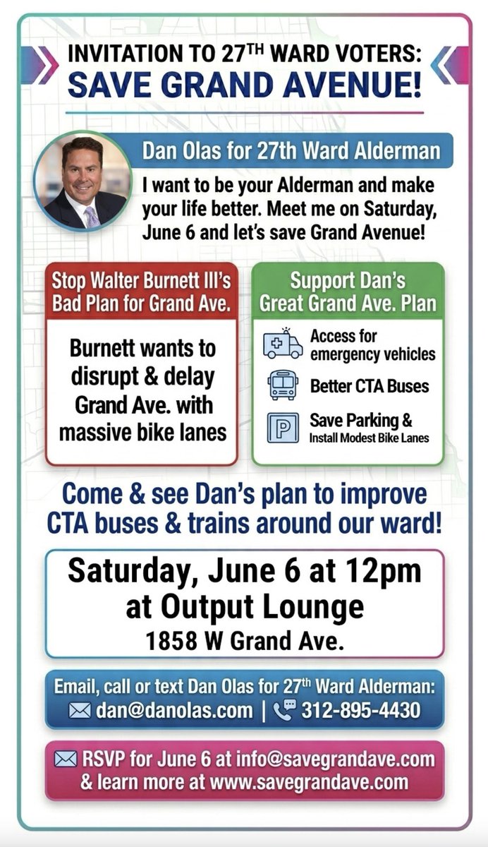 streetsblogchi's tweet photo. Listen up everyone! Important comment about the Drive from a 27th Ward alder hopeful who called the Grand Avenue traffic safety project "Walter Burnett III's Bad Plan," although the incumbent alder tried to *pull* his support! 

Is Dan Olas on (D)LSD? 🙃 
https://t.co/cIShBJcCs8 https://t.co/pzJCUvYCc2