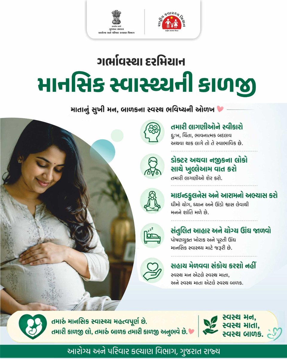 AAM_SHANTIPARA's tweet photo. ગર્ભાવસ્થા દરમિયાન શારીરિક સ્વાસ્થ્ય જેટલું જ માનસિક સ્વાસ્થ્ય પણ મહત્વપૂર્ણ છે. ખુશ માતા, સ્વસ્થ બાળક અને ઉજ્જવળ ભવિષ્યની શરૂઆતગર્ભાવસ્થા દરમિયાન શારીરિક સ્વાસ્થ્ય જેટલું જ માનસિક સ્વાસ્થ્ય પણ મહત્વપૂર્ણ છે. ખુશ માતા, સ્વસ્થ બાળક અને ઉજ્જવળ ભવિષ્યની શરૂઆત.@TeamHealthMalia https://t.co/6zfntkXpql