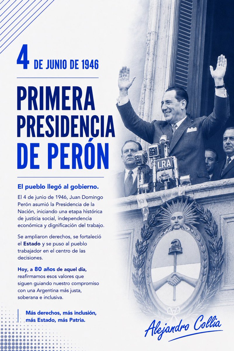 ACollia's tweet photo. El 4 de junio de 1946 el pueblo argentino llegó al gobierno. 
A 80 años de aquel día, recordamos una experiencia política que dejó una huella profunda en la salud pública, la educación, la producción y la movilidad social ascendente. https://t.co/8mr8XueXli