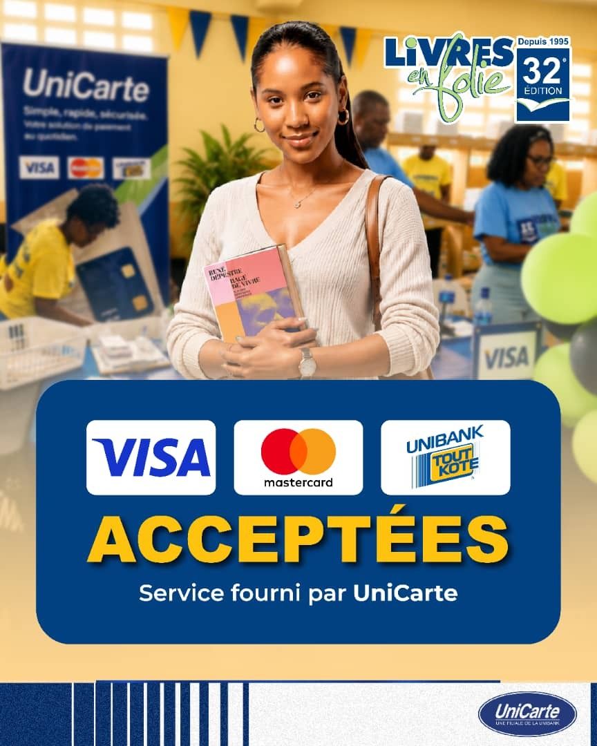 nouvelliste's tweet photo. Vos cartes bancaires Visa, Mastercard et UNIBANK Tout Kote seront acceptées à Livres en folie avec la UniCarte!

#UnibankHaiti #FaisonsRouteEnsemble #livresenfolie2026 #lef26 #unicarte #Haiti https://t.co/pjBUjK8eMQ