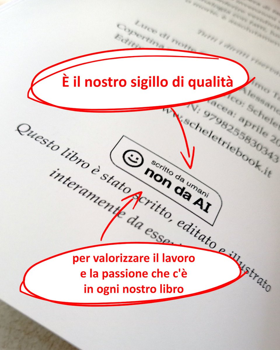 Scheletri's tweet photo. Per sfatare l'assurda equazione "Post fatti con l'AI = Libri fatti con l'AI" nelle pubblicazioni di Scheletri Ebook troverete il bollino SCRITTO DA UMANI NON DA AI. È un modo per valorizzare il lavoro e la passione che c'è in ogni nostra pubblicazione. 
#scrittodaumani #handmade https://t.co/JlQl8gh8eR