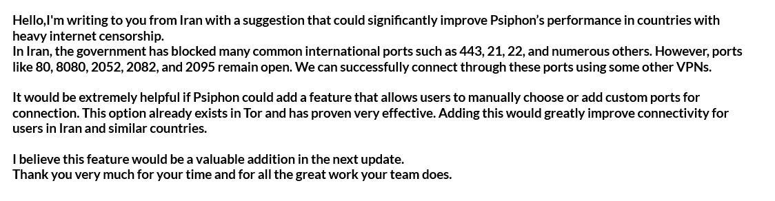 emiron7th's tweet photo. @PsiphonInc
@Psiphon_Fa
@PsiphonConduit
suggestion that could significantly improve Psiphon’s performance in countries with heavy internet censorship #psiphon #سایفون

پیشنهاد برای اتصال بهتر وی پی ان سایفون برای شرایط ایران و کشور های تحریم شده از #اینترنت #اینترنت_آزاد #فیلتر https://t.co/3B6YWogZRV