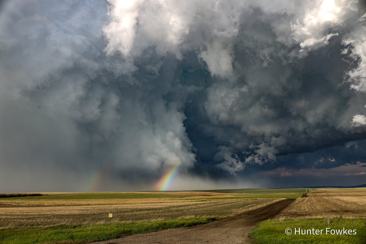 StrmchsrHunterF's tweet photo. After bailing out of the RFD we got this view of the impressive RFD cut/occlusion. Partially pictured is the tornado occuring tucked in underneath the mesocyclone and behind the RFD precipitation. Freakin' incredible. https://t.co/WhCEm1EZL3