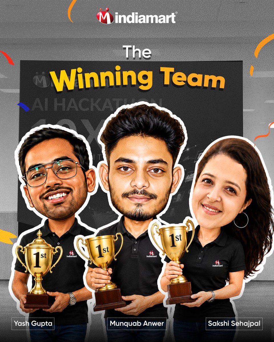IndiaMART's tweet photo. When talent is paired with the freedom to experiment, the results are rarely ordinary.

With 270 participants and 90 teams, the IndiaMART AI Hackathon 2026 became a space for challenging assumptions, testing ideas, and discovering smarter ways to work with AI.

Congratulations to all the winners and rank holders.

#IndiaMART #KaamYahinBantaHai #AIHackathon