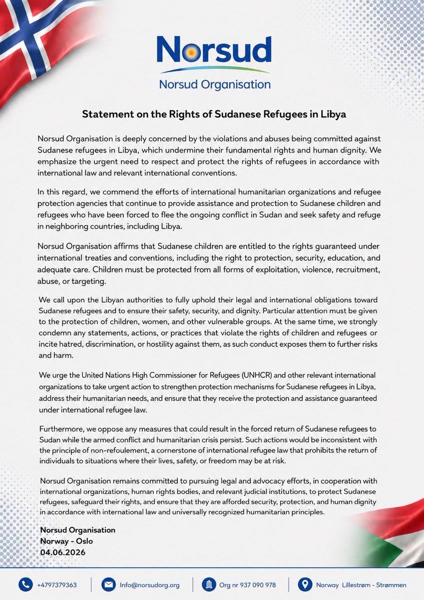 norsudorg's tweet photo. Statement on the Rights of Sudanese Refugees in Libya
Norsud Organisation
Norway - Oslo
04.06.2026
#NorsudOrganisation
#Sudanese_Refugees_in_Libya 
#Sudan #Libya https://t.co/R9XckCvIEu