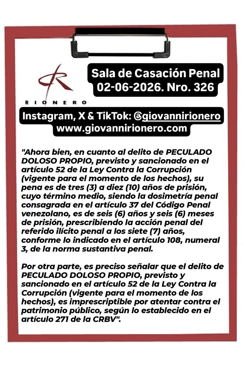 GiovanniRionero's tweet photo. #Prescripción Reciente sentencia en la cual se refiere el régimen de prescripción de la acción penal que aplica en la comisión del delito de Peculado Doloso Propio. https://t.co/4E3gLNVPJd