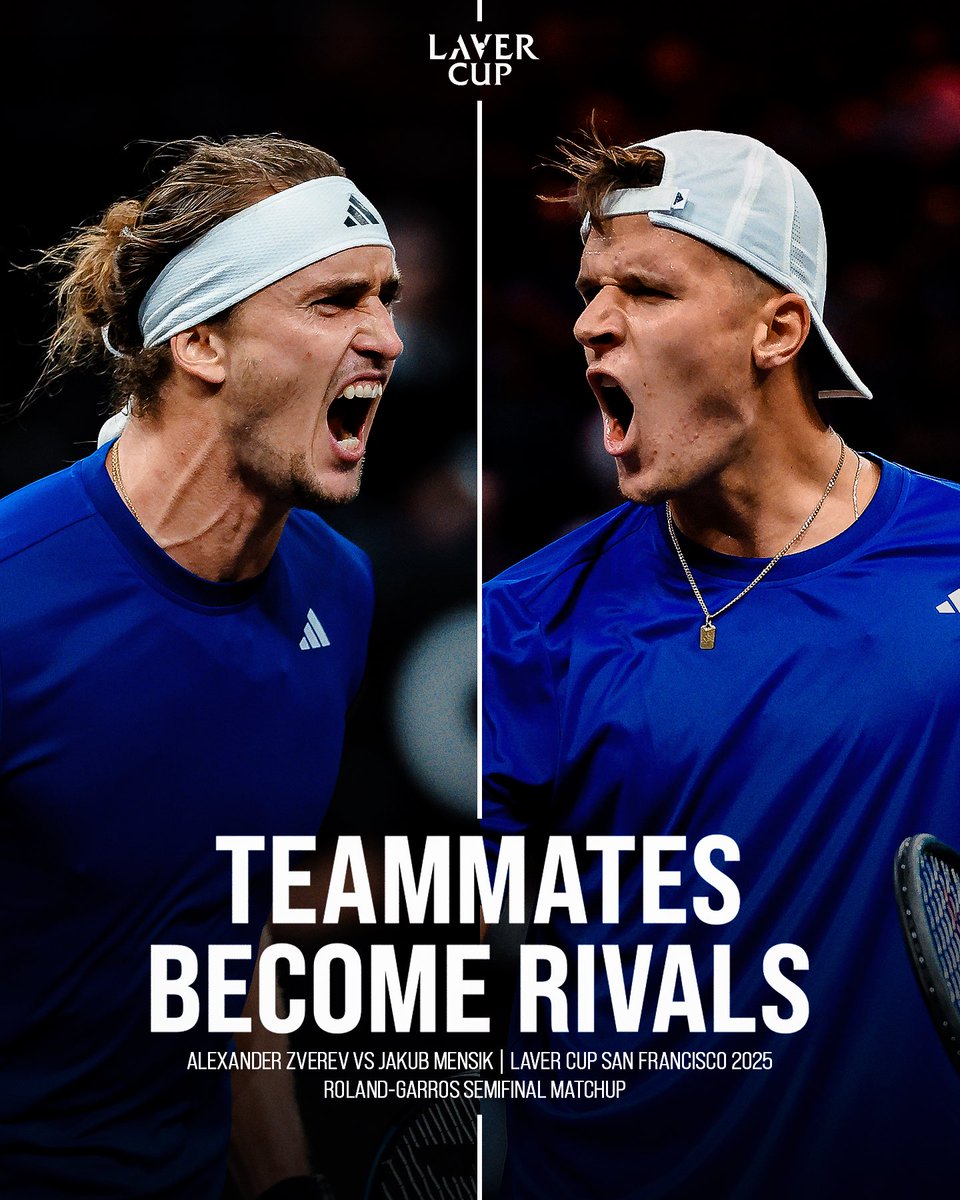 LaverCup's tweet photo. Semifinal spotlight 🔦

Laver Cup San Francisco teammates Alexander Zverev and Jakub Mensik meet for the second time on clay this year. This time, a spot in the Roland-Garros final is on the line.

#LaverCup #TennisUnrivaled https://t.co/Ztdp4dzXrJ