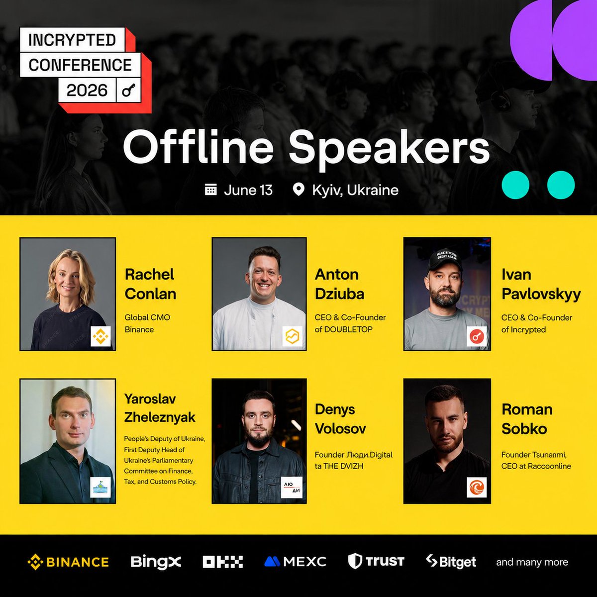 TradersUnion_TU's tweet photo. π Meet the speakers of #IncryptedConference2026:
π€ Rachel Conlan (@Binance)
π€ Anton Dziuba (@DOUBLETOP)
π€ Ivan Pavlovskyy (@incrypted)
π€ Yaroslav Zheleznyak
π€ Denys Volosov
π€ Roman Sobko
Topics:
βοΈ Crypto adoption
βοΈ Regulation
βοΈ Investments
βοΈ Market trends
βοΈ Web3 innovation
π Kyiv
π
June 13, 2026
Supported by Binance, BingX, OKX, MEXC, Trust Wallet, Bitget & more.
π https://t.co/PY0lZtXEjw