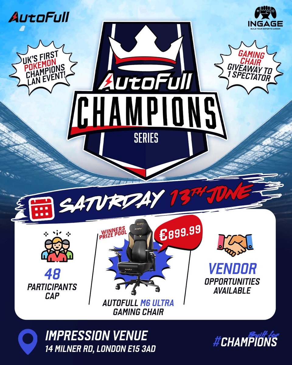 INGAGEGG's tweet photo. 🇬🇧 HISTORY IN THE MAKING! 🇬🇧

The AutoFull Champions Series is officially bringing the UK's FIRST Pokémon LAN Event to London on Saturday, June 13th! We at INGAGE are incredibly proud to help make this competitive milestone a reality.

Check out the full breakdown and see what's on the line:

⚔️ The Competition: A strict 48-participant cap battling for a cash prize + 2 top-tier AutoFull M6 Ultra Gaming Chair worth €899.99 each!
🎁 The Crowd: Not playing? You can still win big. One lucky spectator will take home a premium AutoFull gaming chair as well.

📍 Where: Impression Venue, 14 Milner Rd, London E15 3AD
🤝 Vendor opportunities are currently available.

A massive shoutout to our strategic partners at @AutoFullGlobal for backing the competitive scene. 🙌

Competitor slots and spectator tickets are moving fast. Secure your place here!🔗 Link in Replies 

#Pokemon #PokemonChampions #PlayPokemon