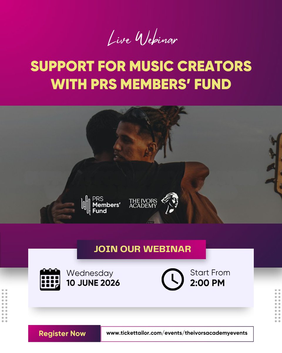 prsfund's tweet photo. 📢Join us and the @IvorsAcademy online for an exclusive overview of the wide range of support services available to @PRSforMusic  creators.

📅Date: Wednesday, 10 June 2026
⏱️Time: 2:00 PM – 3:00 PM
🪩Location: Online

🔗Secure your free spot today https://t.co/7d3LPrJw2q https://t.co/d08Tn0IygX