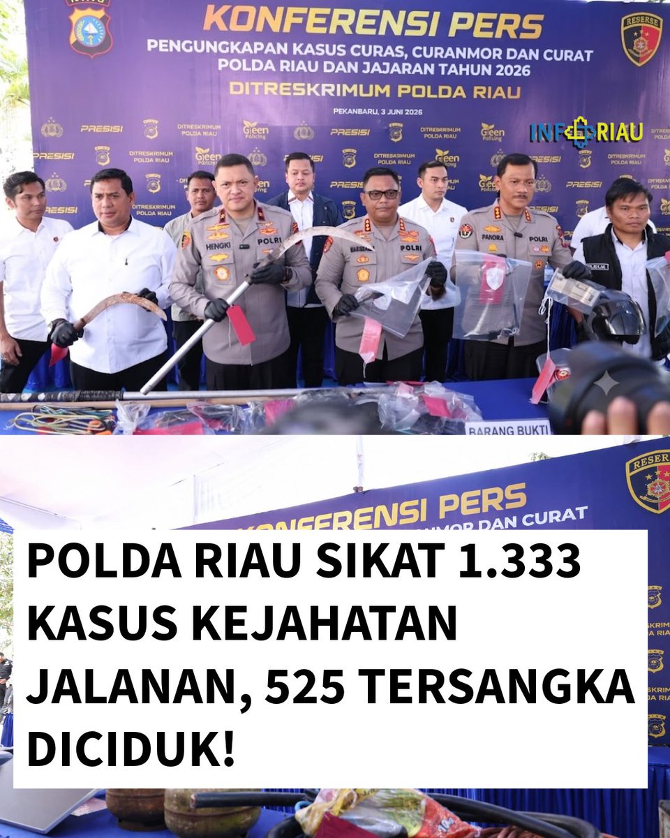 infoRIAU's tweet photo. Polda Riau sukses mengungkap 1.333 kasus kriminal konvensional (C3) yang selama ini meresahkan masyarakat periode Januari-Mei 2026.

#infoRIAU https://t.co/TCki9Bsscu