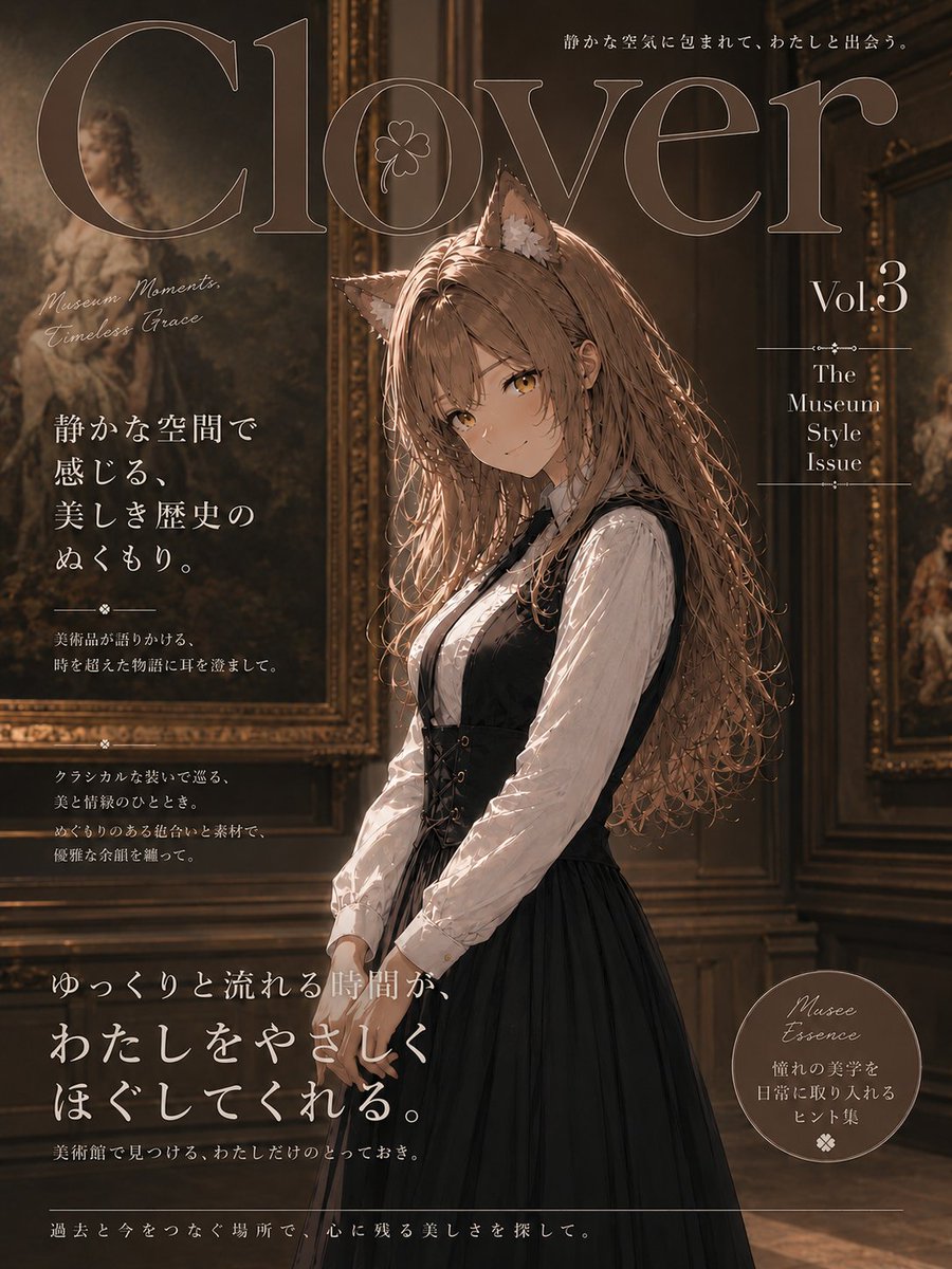NobleClover's tweet photo. 『Clover』 Vol.3 
Fictional visual magazine. 
Museum Style Issue.  

#AIart #AIイラスト #オリジナルキャラクター https://t.co/apZivboPu8