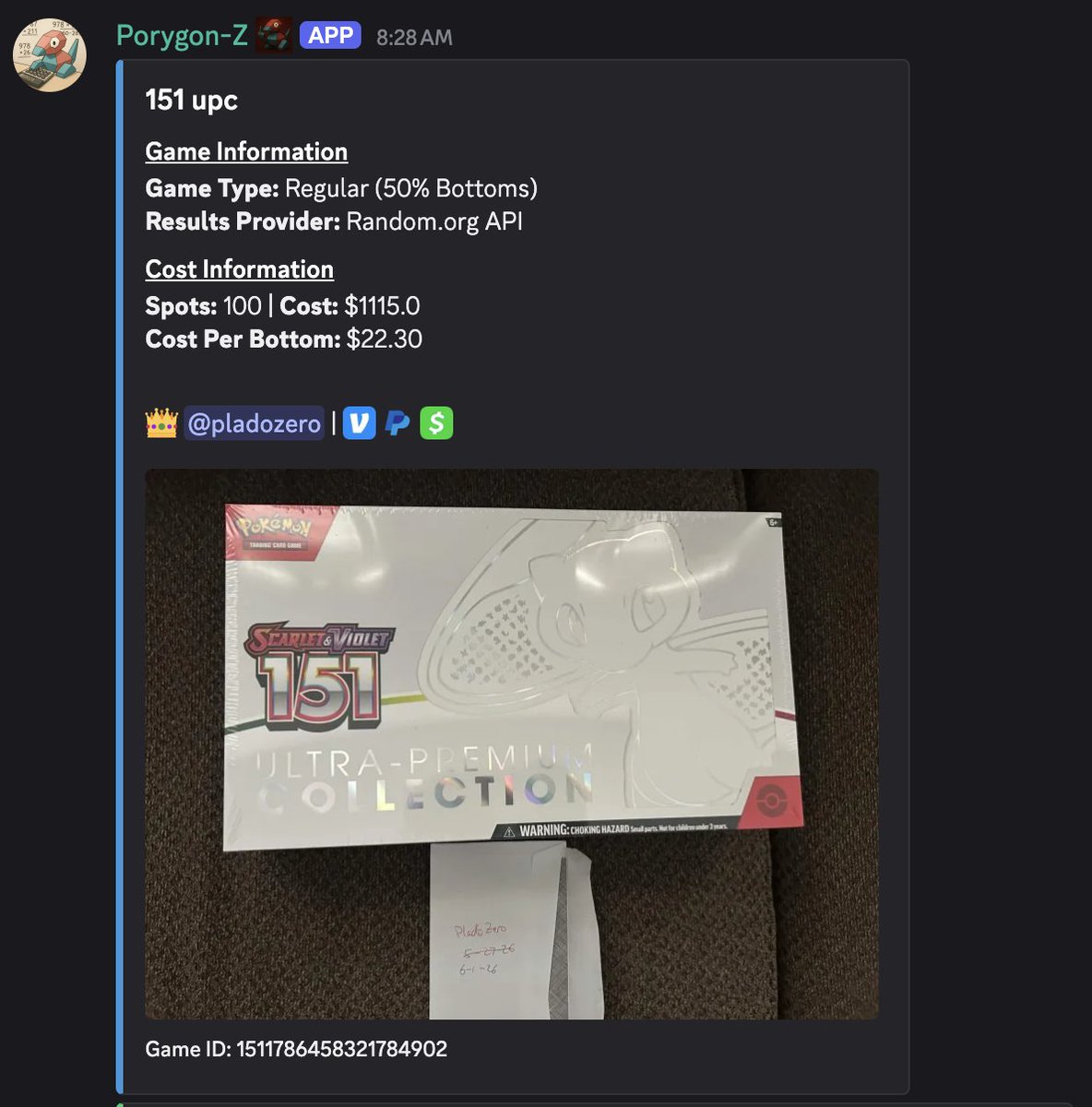 HollaBry's tweet photo. Want a 151 UPC but it's too expensive to buy? 

Join the TCG Degenerates Discord for your chance to win this awesome collector's item for free!

Our games work like raffles, but only the bottom 50% of spots have to pay.

Invite link: https://t.co/PZc21FUouY

#TCGDegenerates https://t.co/IH6MO3pDhL