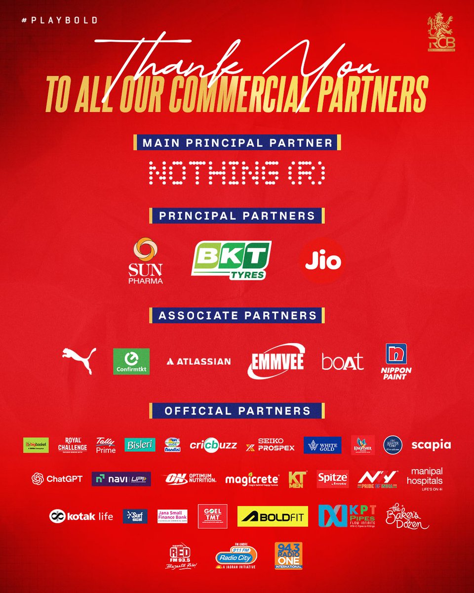 RCBTweets's tweet photo. A shout out to all our commercial partners, who were by our side, every step of the way this season. Thank you! 🫡❤️ 

You’re a big part of brand RCB and we look forward to partnering with you again next year. 🤝 https://t.co/4NmtLUnepd