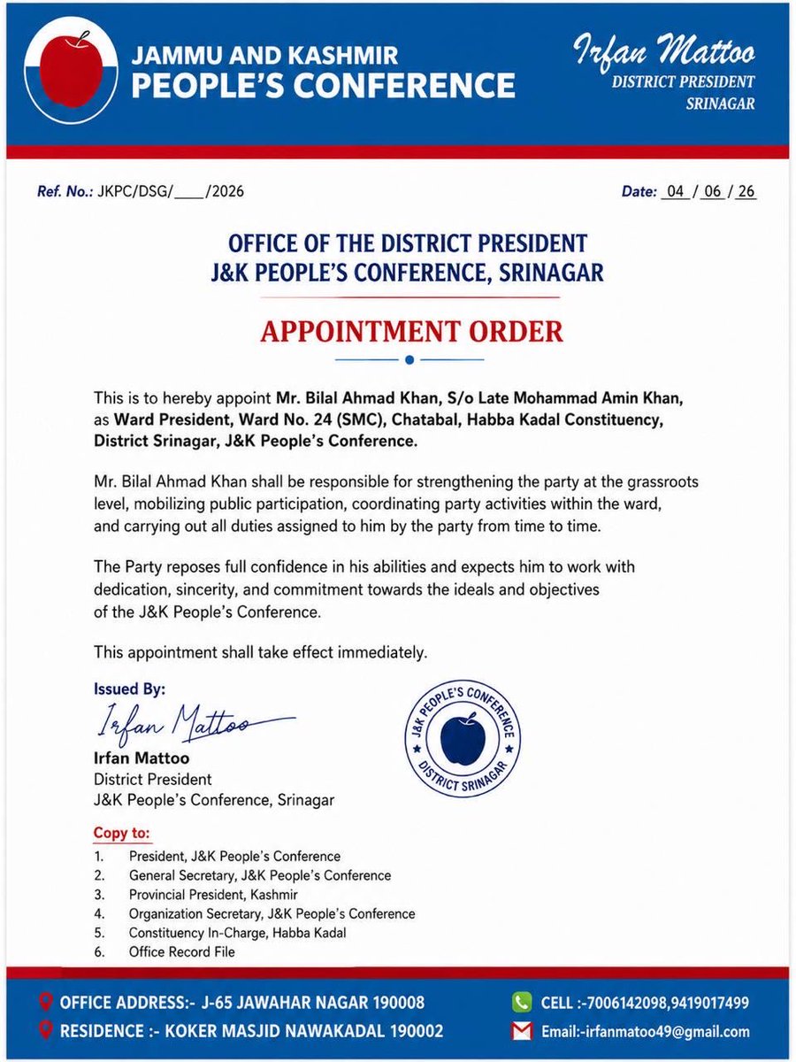 JKPCSXR's tweet photo. Heartiest congratulations to Mr. Bilal Ahmad Khan on being appointed as Ward President, Ward No. 24 (SMC), Chatabal, Habba Kadal Constituency, Srinagar, J&amp;K People’s Conference. @MatooIrfan https://t.co/aPYUF8MRIh