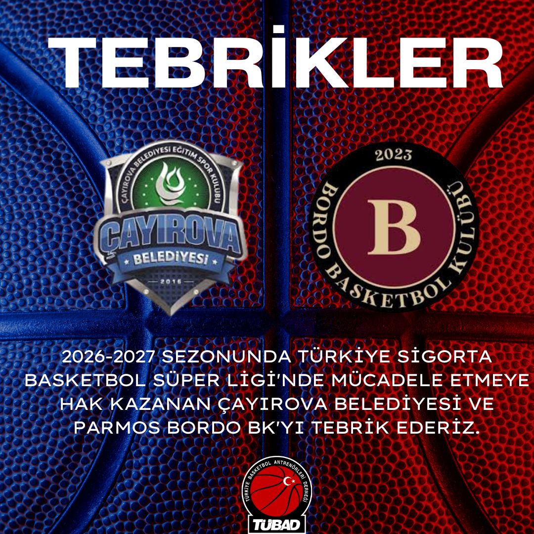 _TUBAD's tweet photo. 2026-2027 sezonunda Türkiye Sigorta Basketbol Süper Ligi'nde mücadele etmeye hak kazanan Çayırova Belediyesi ve Parmos Bordo BK'yı tebrik ederiz. https://t.co/SBIQO64ugb