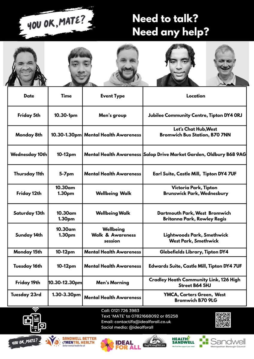 idealforall's tweet photo. Join free June Mental Health Awareness sessions, Men's Groups &amp; Wellbeing Walks. Promoting positive mental wellbeing, exploring practical tools to start 'real talk' as men and challenging stigma by asking “You ok, mate?”  with @ToughCare @sandwellcouncil @SCVOSandwell #YouOkMate https://t.co/O6SeyIzR1T