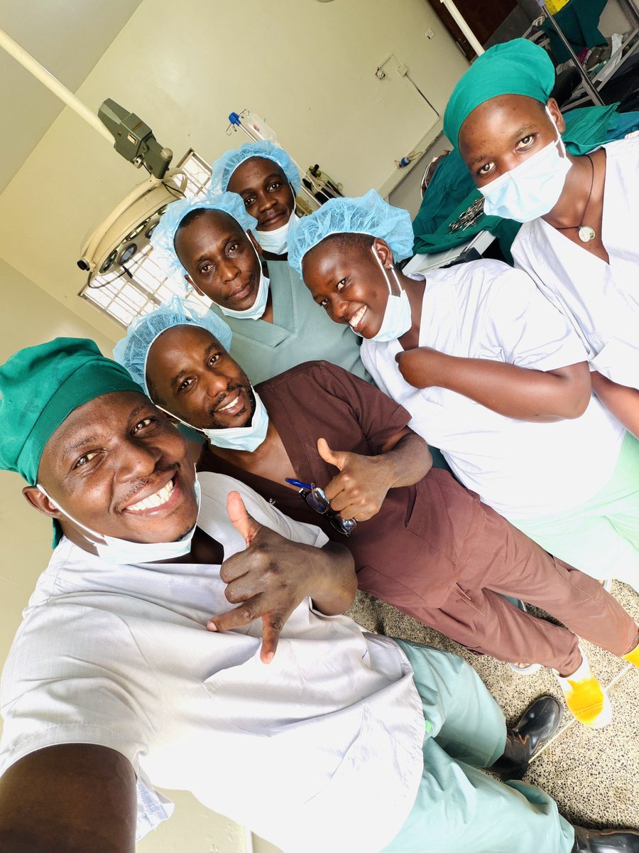 muzukuluDr's tweet photo. I, Surgeon Dr. @nkonge_emmanuel and team after responding to a surgical emergency -we smiled for the camera. 

Sigmoid Volvulus - a case of 62yr old male who presented with abdominal distention, constipation and vomiting at Villa Maria General Hospital. 

It went well, we thank the Almighty God; for we discharge our duties on His behalf, we treat and He heals.