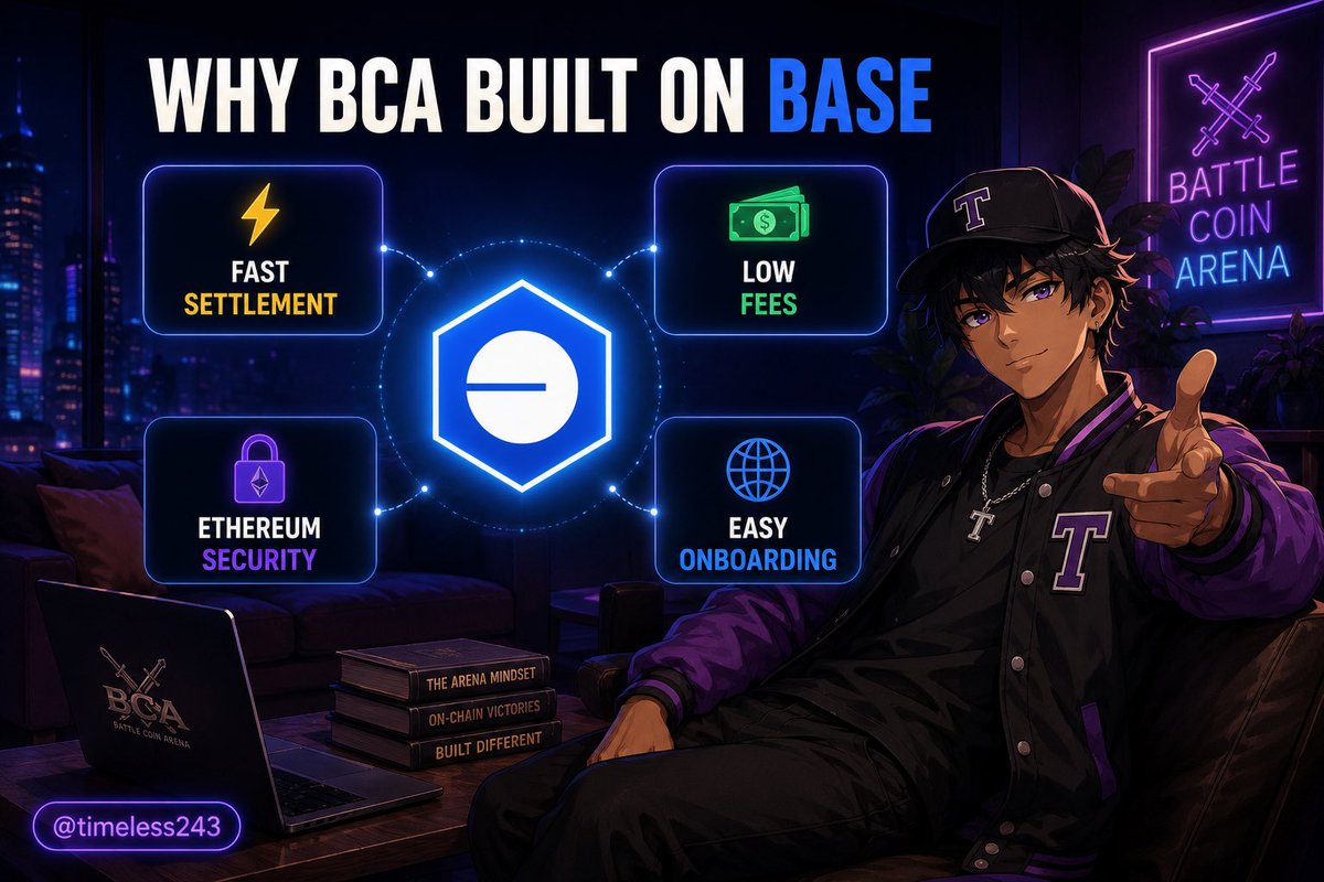timeless243's tweet photo. Building on Base is a deliberate choice.

A platform built around frequent on-chain battles needs:

⚡ Fast confirmations

💸 Low transaction fees

🔒 Ethereum-level security

🌍 Easy onboarding

Base provides all four.

That means users can enter small battles without worrying that transaction costs will consume the reward.

It’s one of the reasons the experience feels fast enough to support instant competition.
