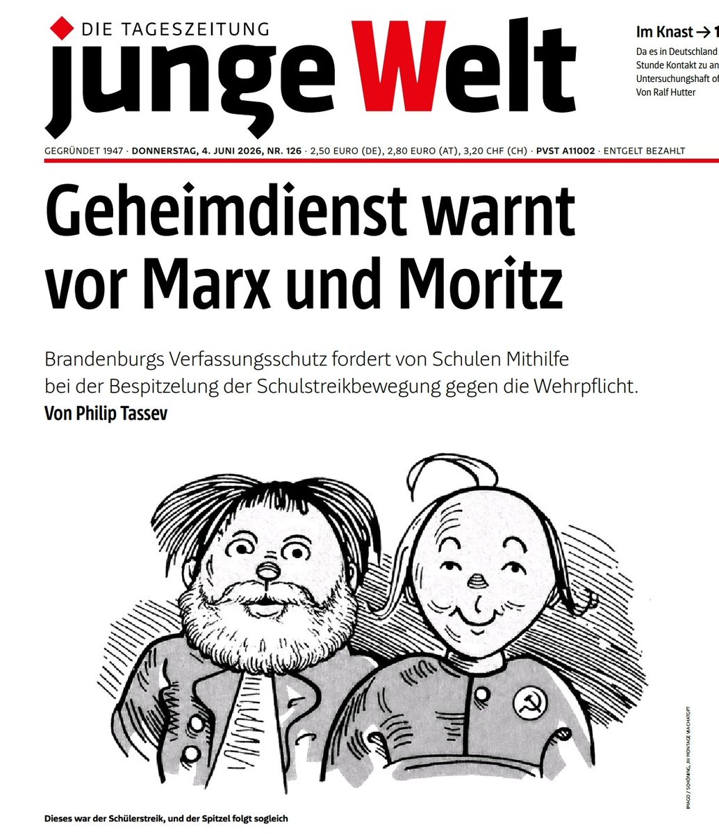 Jakob_Reimann's tweet photo. Autoritärer Staatsumbau: Der dt. Staat hat Angst vor den Schulstreiks gegen Wehrpflicht/"Merz Leck 🥚🥚"-Proteste und hetzt deshalb seine Geheimdienste auf die jungen "extremistischen" Leute los – will dass Schulen ihre Schüler bespitzeln. https://t.co/VO3Eso1rtc