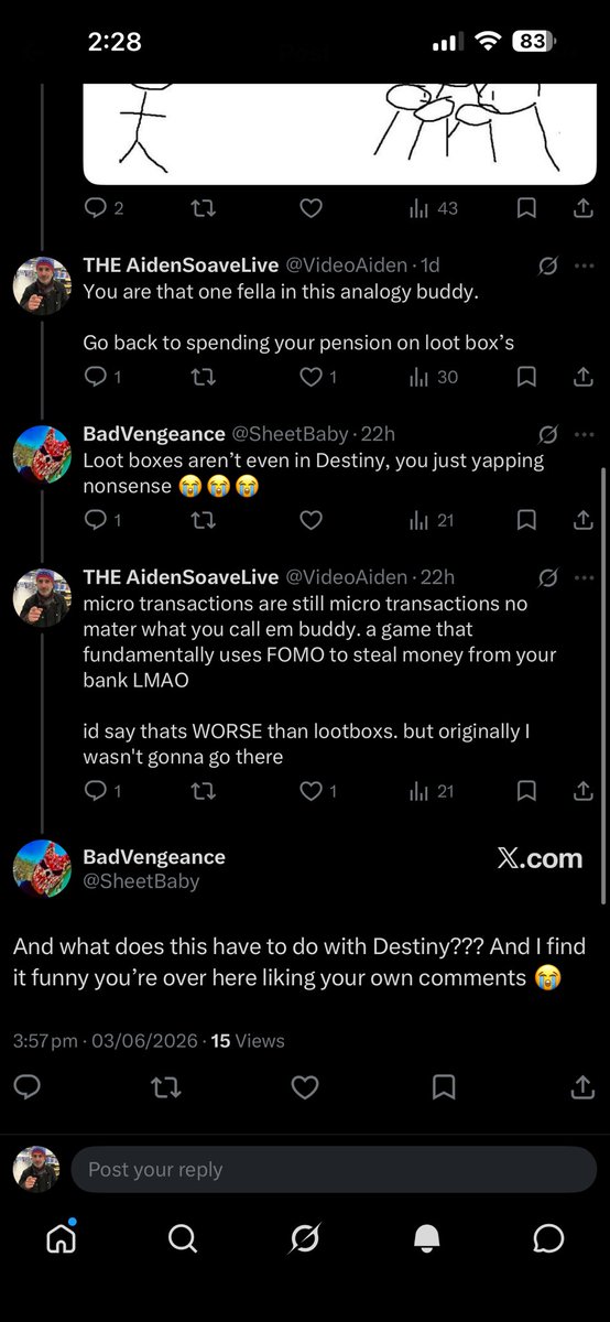 VideoAiden's tweet photo. @SheetBaby @D0csDelorean I haven’t liked any of the comments fart boy.

Also destiny has an entire culture around microtransactions that’s what it’s got to do with destiny PLEASE get out of my replies before you make a fool of yourself… again https://t.co/OMWjpU7m1y