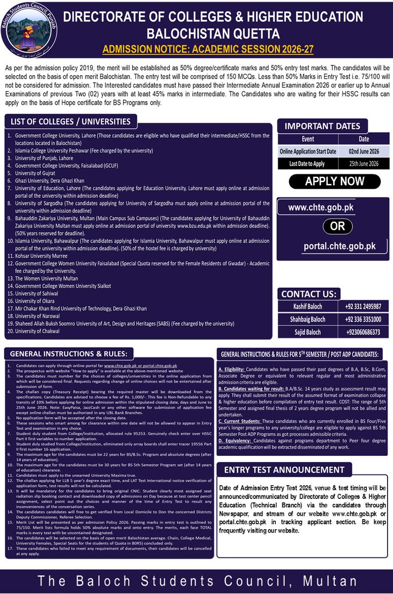 MultanCouncil's tweet photo. Baloch Students Council Multan 
Golden Opportunity for students of Balochistan.
https://t.co/g1nPGGsSSu
https://t.co/RJkiLVqzph
Last Date to Apply 
25 June 2026 
Contact Information 
Kashif Baloch 
+92 331 2495987
 Shahbaig Baloch 
+92 336 3351000
 Sajid Baloch 
+92 306 0686373 https://t.co/nqEQmel0t0