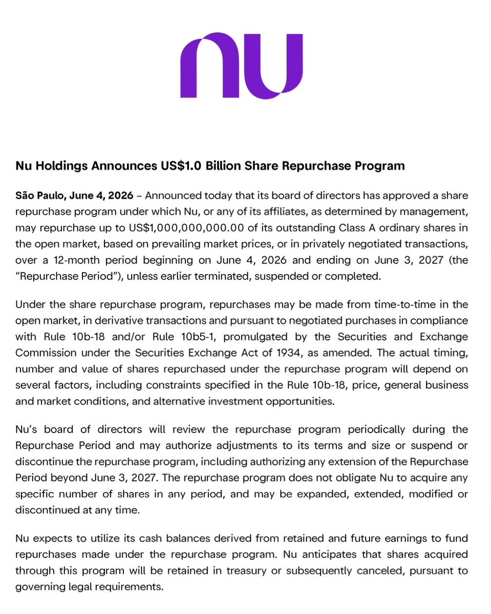StockMarketNerd's tweet photo. Hello $NU buyback.

$1B share repurchase program announced today. 

Very little dilution happening right now so that should directly eat into share count.

And I’m sure the first of many programs for a company like this… rapidly growing and printing money.

Glad to see this. Priority one is spending on growth. But they have an elite balance sheet & can do both.