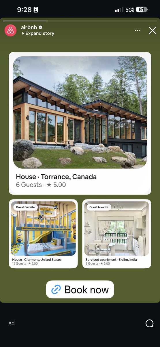 hellaleg's tweet photo. i’m getting airbnb ads for The Cottage and also the minions experience https://t.co/C4SFAcXrVf