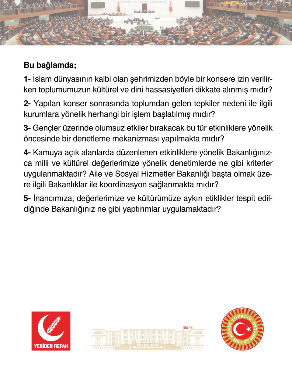 rprefahpartisi's tweet photo. Geçen günlerde İstanbul’da gerçekleştirilen inancımıza, değerlerimize ve kültürümüze aykırı söylem ve sembollerin sergilendiği konsere yönelik yazılı soru önergemiz Genel Başkan Yardımcımız ve İstanbul Milletvekilimiz Doğan Bekin tarafından TBMM’ye sunulmuştur. https://t.co/pAx6ZIhafY