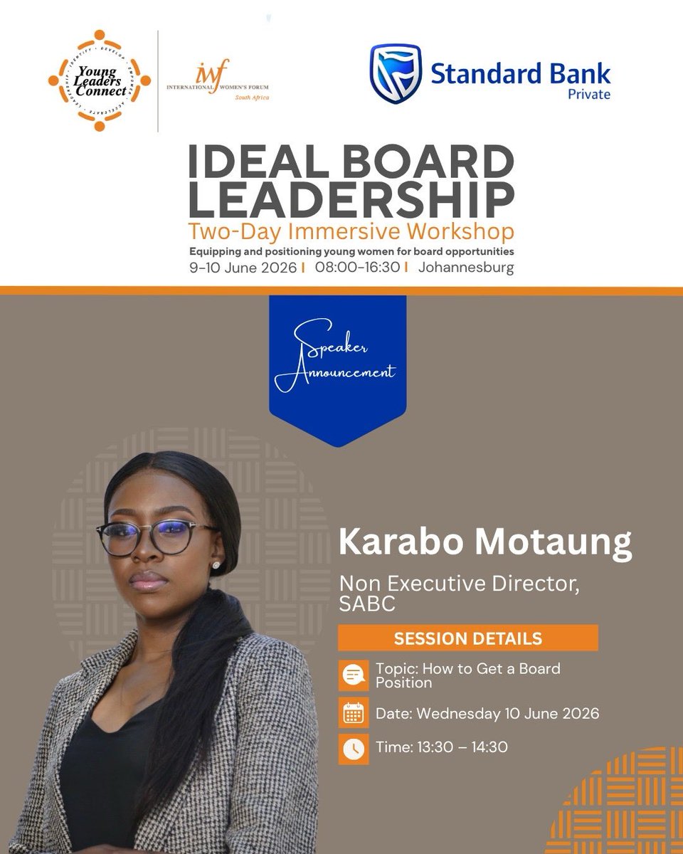 YLCIDEAL's tweet photo. From shaping competitive markets to shaping future leaders, Karabo Motaung is helping the next generation claim their seat at the boardroom table.

We're excited to welcome Karabo Motaung to the YLC IDEAL Board Leadership Two-Day Immersive Workshop. https://t.co/IL0wwvnMh0