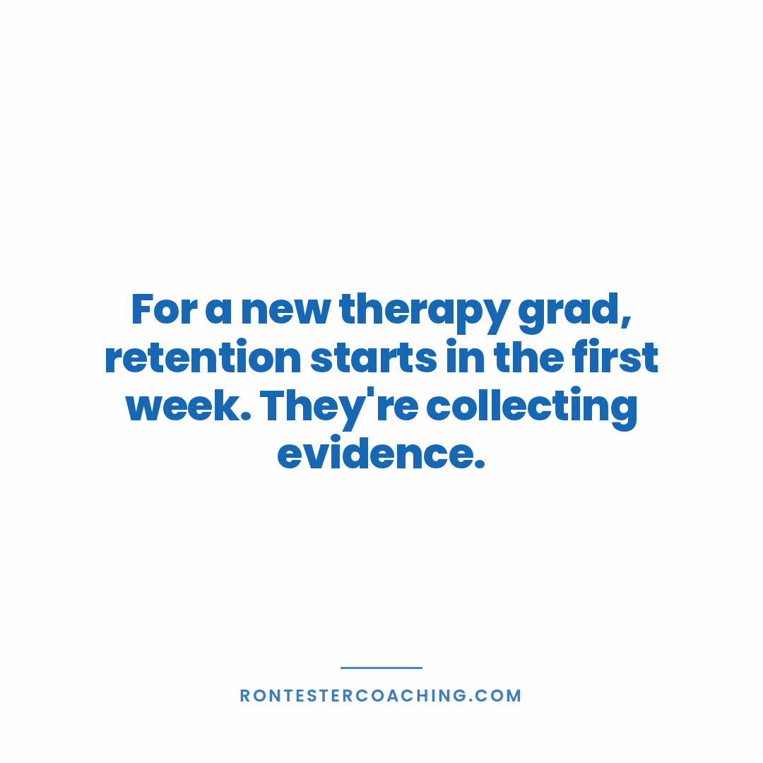 rontester's tweet photo. For a new therapy grad, retention starts in the first week.

They're collecting evidence. Does the schedule match the interview? Are questions welcomed or tolerated? Do senior clinicians teach, or only answer when cornered?

That evidence becomes their story about the clinic. https://t.co/tSDOiebzOQ