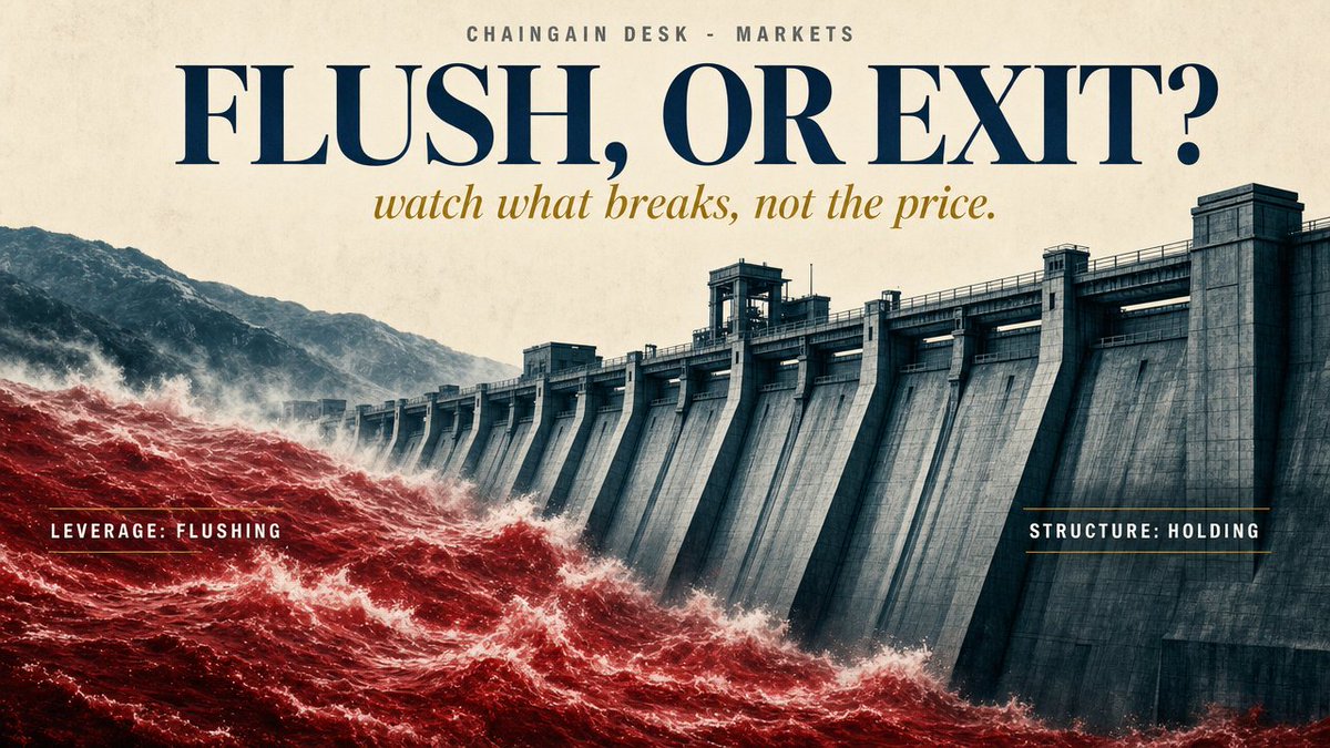 ChainGainIO's tweet photo. the 'flush, not exit' read gets tested today: BTC under $63K, $200B gone in 24h. but $1.1B was leveraged longs — still leverage, not structure. what flips flush to exit: a treasury forced to sell, or a stablecoin losing peg. neither has. watch what breaks, not the price. https://t.co/m75M62TXd2