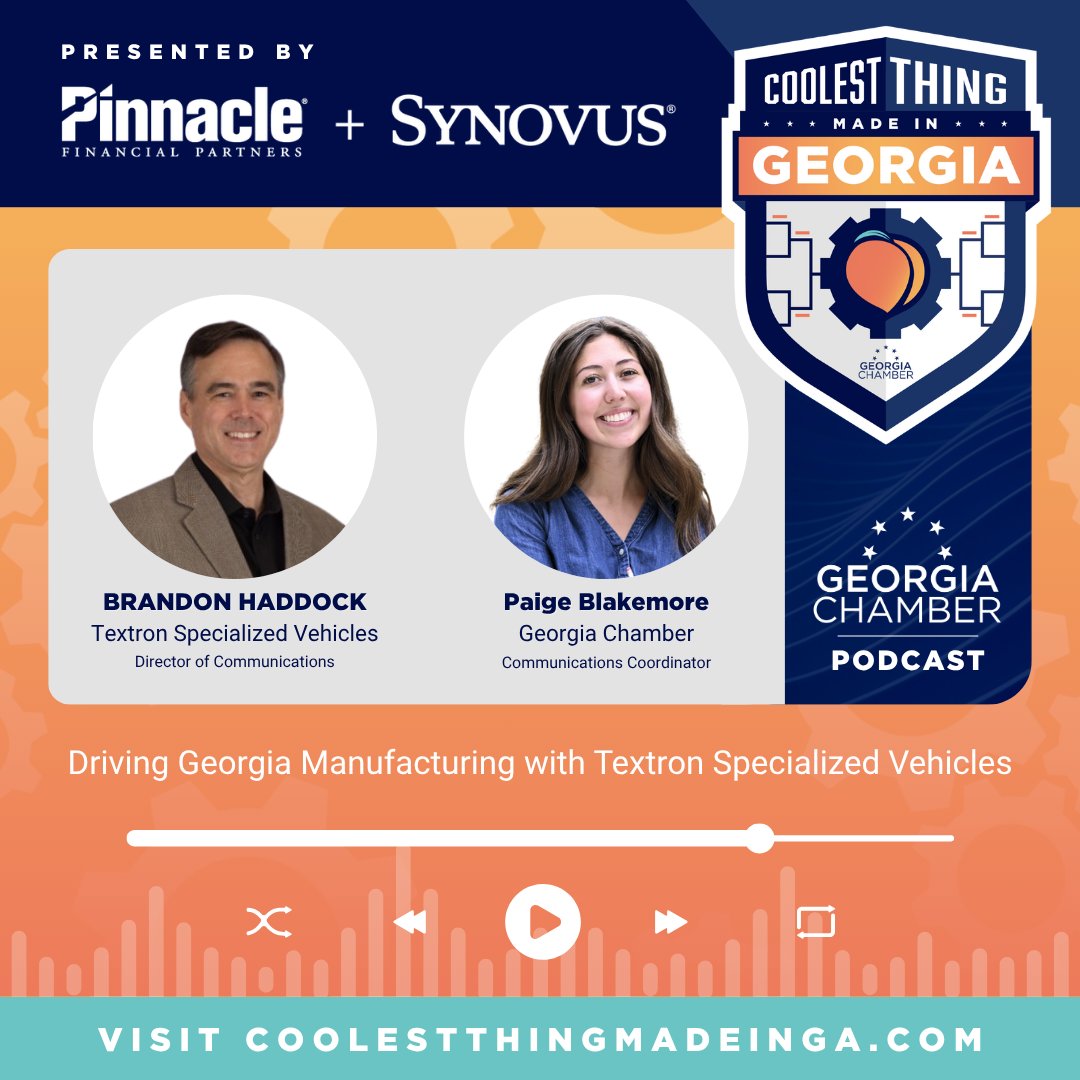 GAChamber's tweet photo. 🎙️ New on the Georgia Chamber Podcast:

Paige Blakemore sits down with Brandon Haddock of Textron Specialized Vehicles to discuss Georgia's manufacturing leadership, innovation, and the impact of making world-class products right here in the Peach State.

🍑 Nominations for the 2026 Coolest Thing Made in Georgia competition close June 8. Submit your favorite Georgia-made product at https://t.co/gGZ9LbIZAV.

#CTMIG #CoolestThingMadeInGeorgia #GeorgiaManufacturing #GAChamber