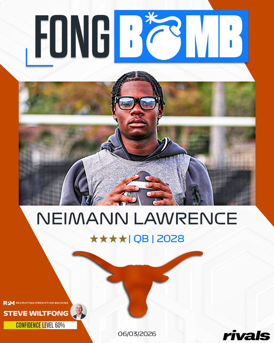 Rivals's tweet photo. FONG BOMB: Rivals' @SWiltfong_ has logged an expert prediction for Texas to land 2028 4-star QB Neimann Lawrence🤘

Read: https://t.co/UhFuzRMRnn