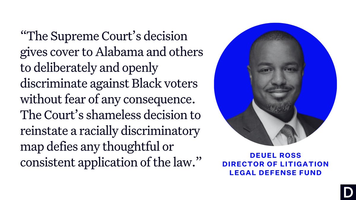 DemocracyDocket's tweet photo. Democrats and civil rights advocates are speaking out after the Supreme Court effectively left no federal protections for non-white voters. 

The decision gives states free rein to discriminate based on race when drawing voting maps, eliminating minority political representation. https://t.co/aN6lemaoEW
