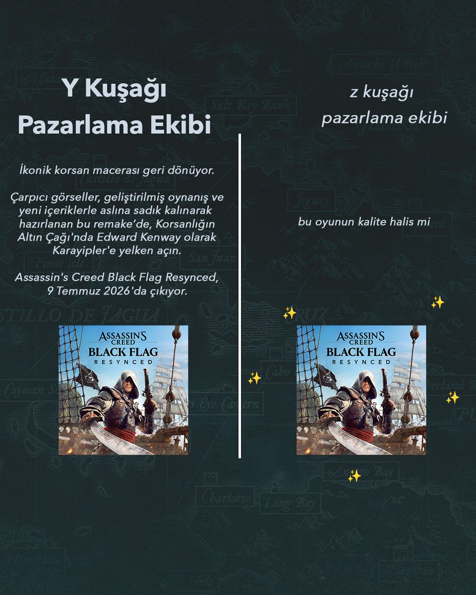 UbisoftTR's tweet photo. Mesaj aynı, odaklanma süreleri farklı.
#AssassinsCreed #blackflagresynced https://t.co/ZdSuktT585