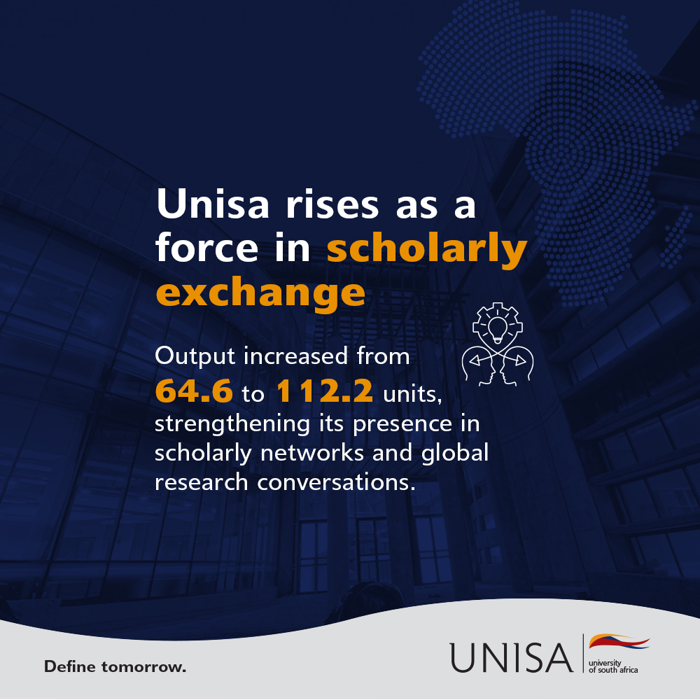 unisa's tweet photo. Unisa rises as a force in scholarly exchange 

Unisa has achieved 2nd position nationally for conference proceedings outputs, climbing from 6th place. Output increased from 64.6 to 112.2 units in the latest DHET report, reflecting the university's expanding engagement in academic exchange and research dissemination. This achievement demonstrates Unisa's ability to contribute to critical scholarly debates, share new insights and strengthen its influence within the broader research community. 

With Prof Puleng @LenkaBula driving the university's strategic research agenda, Unisa continues to amplify its academic voice through research that connects ideas, people and possibilities. 

Read more: https://t.co/KMmEDiZGVx 

#Unisa150andBeyond #UnisaShapingFutures