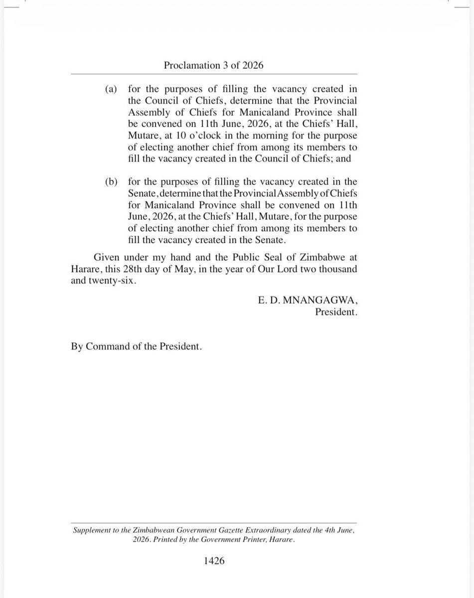 ZECzim's tweet photo. #ProclamationNotice

Proclamation 3 of 2026 for ByElection of a vacancies in the Senate and National Council of Chiefs https://t.co/CzrRzr9Ofb