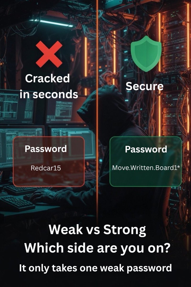 Seriun's tweet photo. How long would it take to crack your password? ⏱️
Seconds? Minutes? Weak passwords fall fast. No password is bulletproof, but longer, more complex ones are a strong start.

Here’s what actually makes a password stronger 👇

(https://t.co/5jaIa1dgIx) https://t.co/PWsK5JqCWd