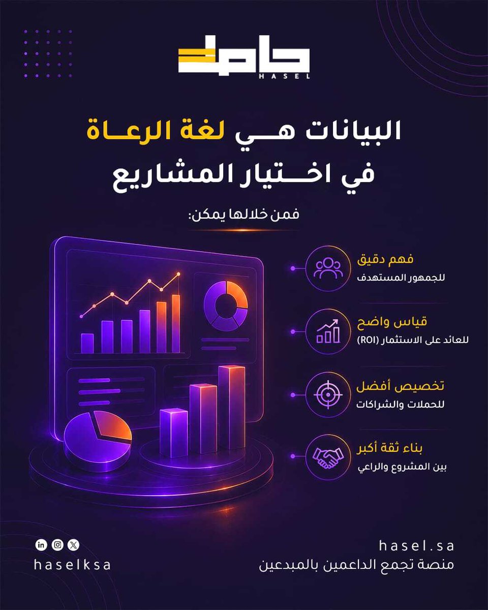 haselKSA's tweet photo. البيانات لم تعد خيارًا إضافيًا عند البحث عن رعاية.
كلما كانت لديك معلومات واضحة عن جمهورك وتأثير مشروعك، أصبحت فرص جذب الرعاة أكبر.
سجّل مشروعك على https://t.co/esieSVqkeq وابدأ بعرضه بطريقة تجذب الرعاة.

#حاصل #الرعايات #ريادة_الأعمال #السعودية https://t.co/XZC3pXPKB5
