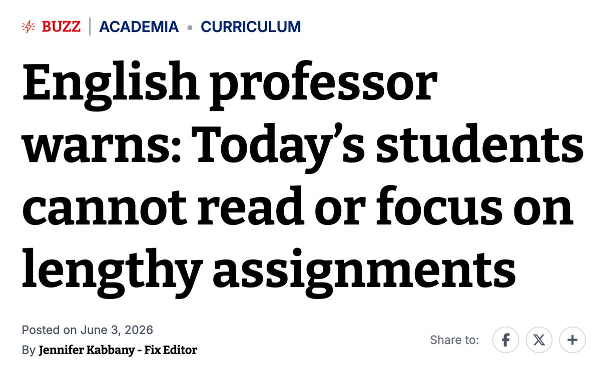 AmericanEdFM's tweet photo. Not surprising.

“When I asked why, a student answered honestly: It was too long, and she kept losing track of what the paper was about. This was not a remedial class: These were students who had cleared the admissions process and written essays good enough to get them here. Yet a routine academic reading assignment had defeated them.”
https://t.co/5rIGE6rdzZ