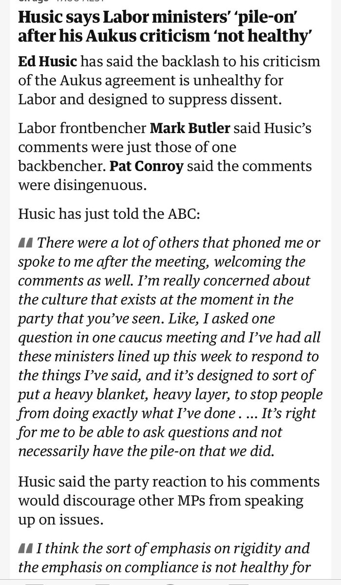 DougCameron51's tweet photo. Ed Husic is spot on! 
Crushing legitimate debate over AUKUS  is counterproductive, weakens Labor and stifles sensible policy development.
“Left” MP’s attempting to isolate Ed, spouting warmongering nonsense and using a warped sense of “solidarity” and “discipline” is pathetic. https://t.co/OXInn5F8Qm